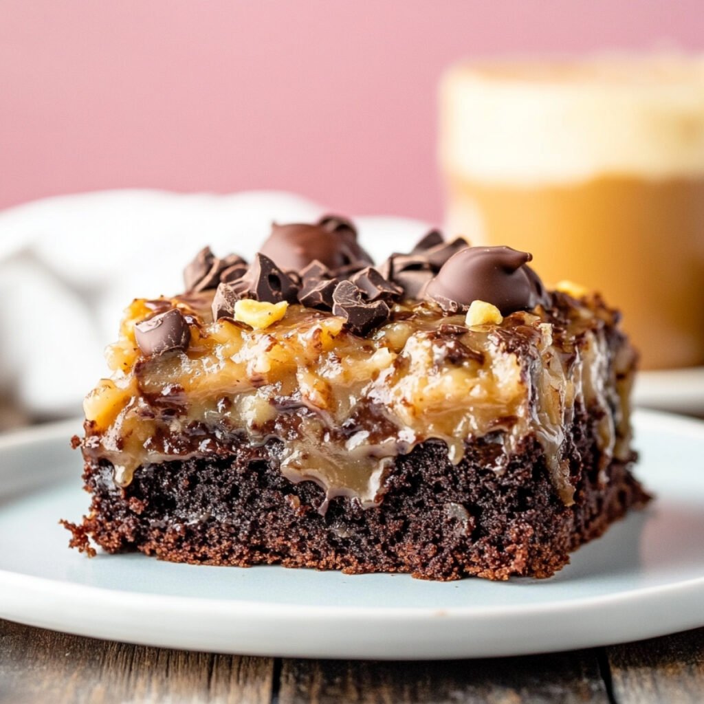 German Chocolate Poke Cake on a modern marble countertop, showcasing its gooey caramel-filled texture