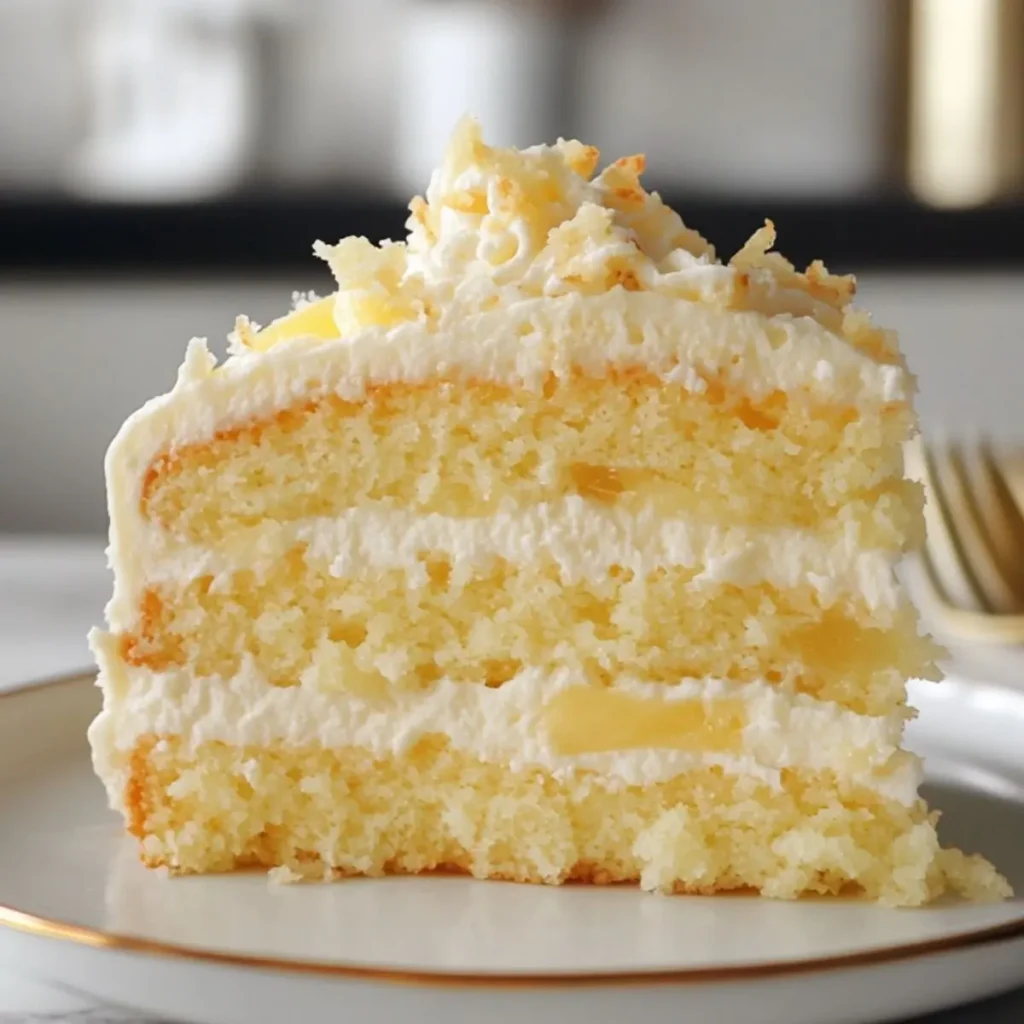 Pineapple Cloud Cake on a modern marble countertop, showcasing its light and airy texture.