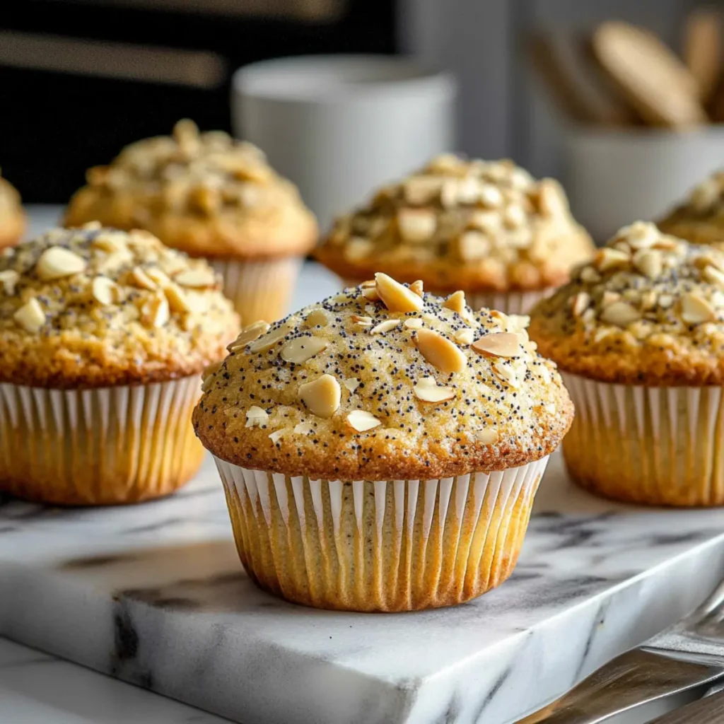 Easy Almond Poppy Seed Muffins on a modern marble countertop, showcasing their golden domed tops and almond-crisp finish.