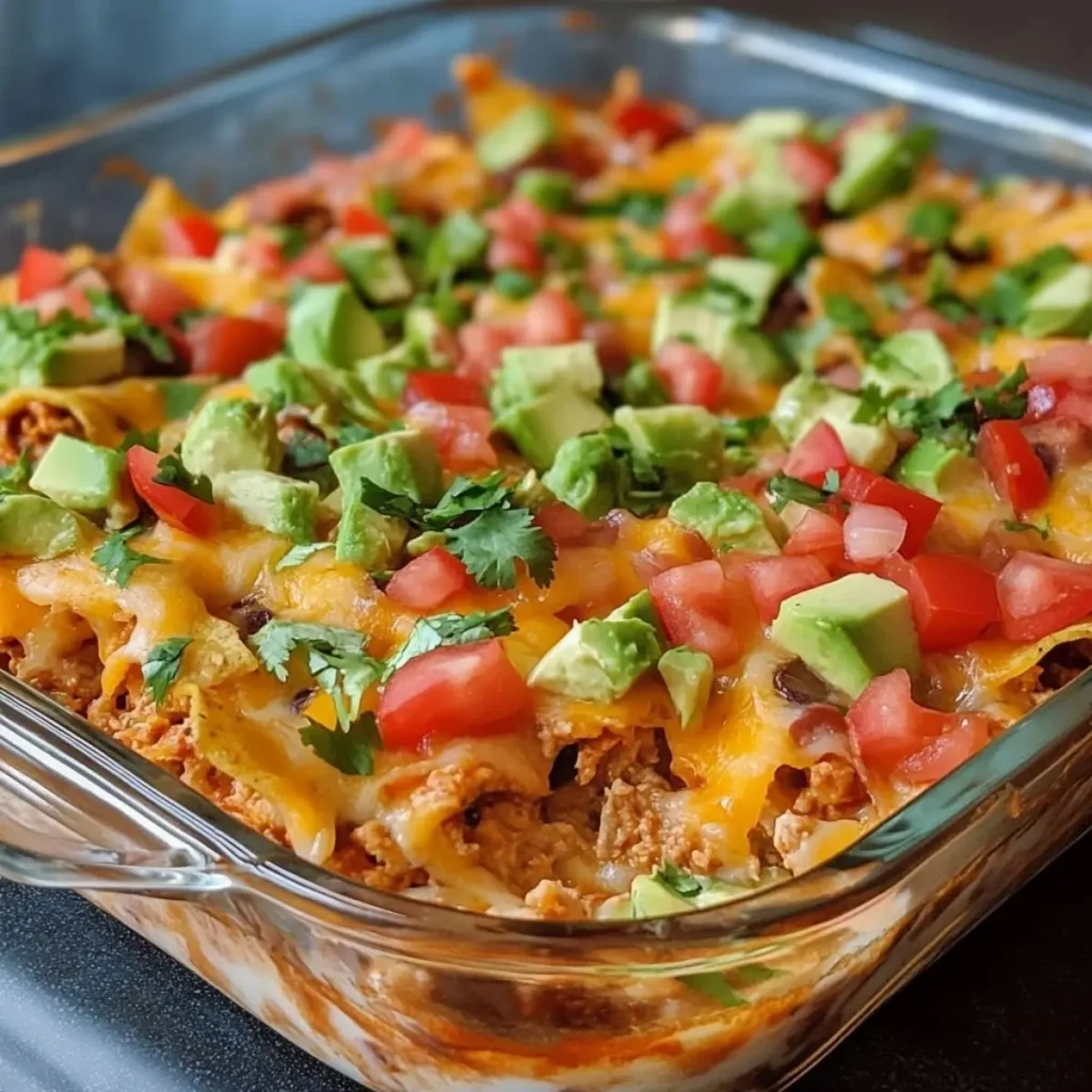 Final Emily’s Excellent Taco Casserole topped with fresh avocado, diced tomatoes, melted cheese, and cilantro in a clear glass baking dish.