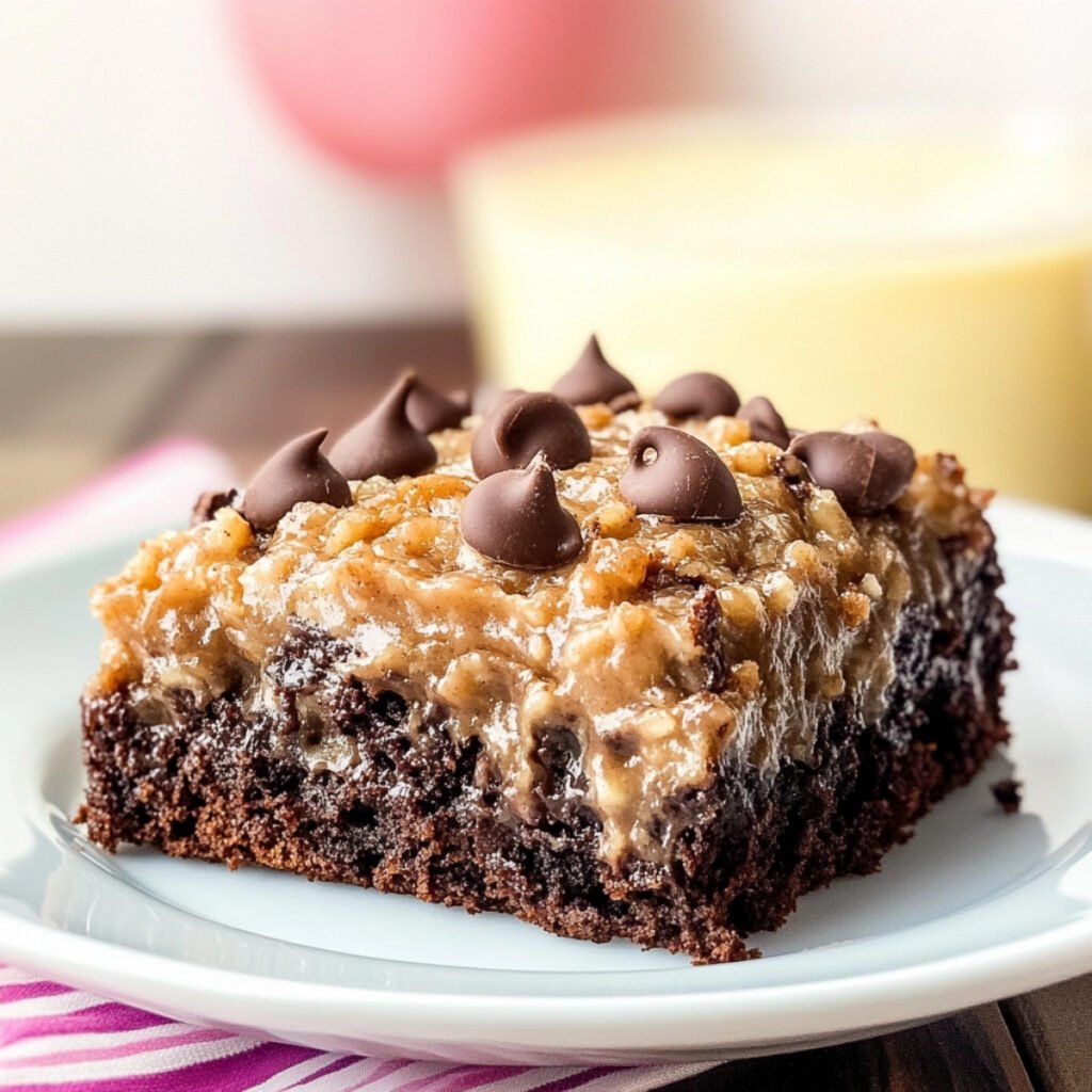 Close-up of the final German Chocolate Poke Cake, showcasing its gooey caramel layers and frosting