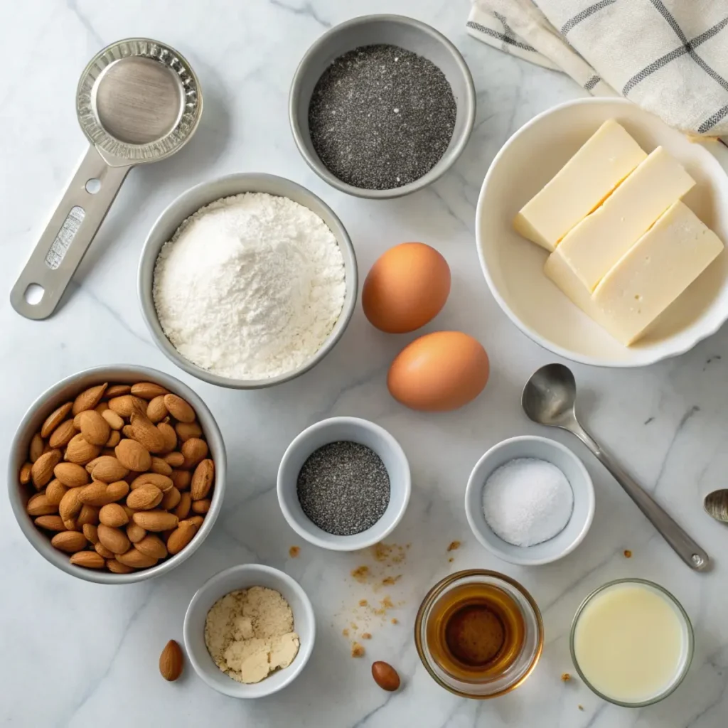 Ingredients for Easy Almond Poppy Seed Muffins arranged on a modern marble surface.