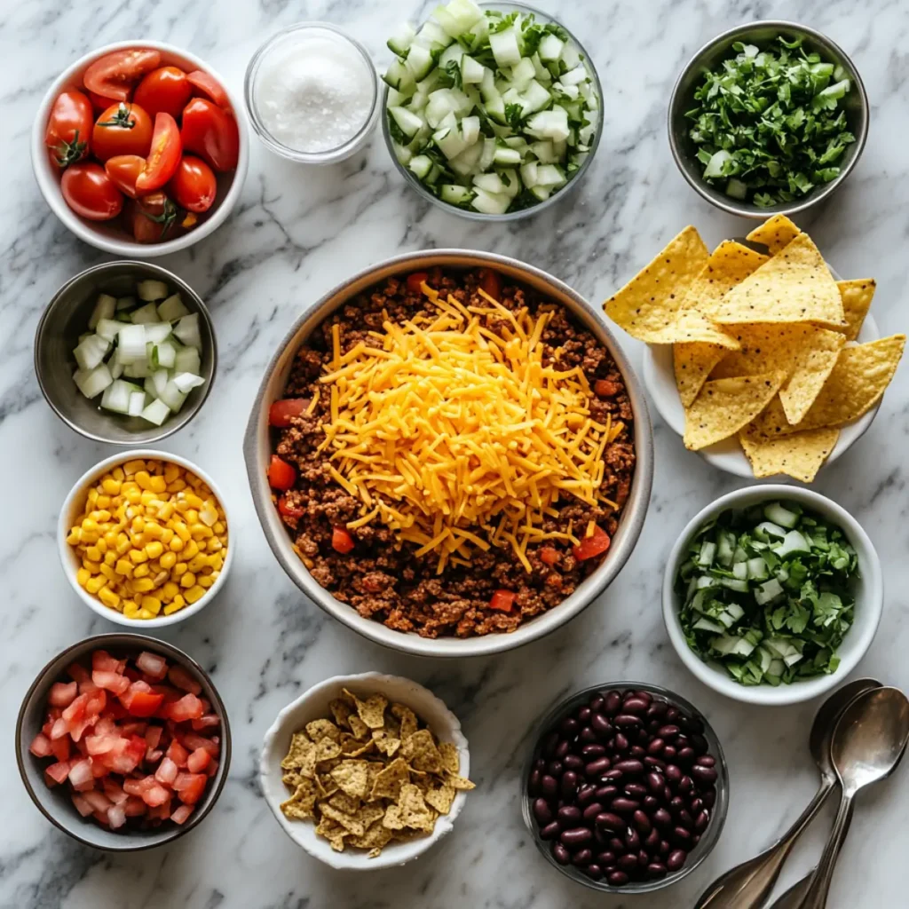 Ingredients for Emily’s Excellent Taco Casserole arranged on a modern marble surface