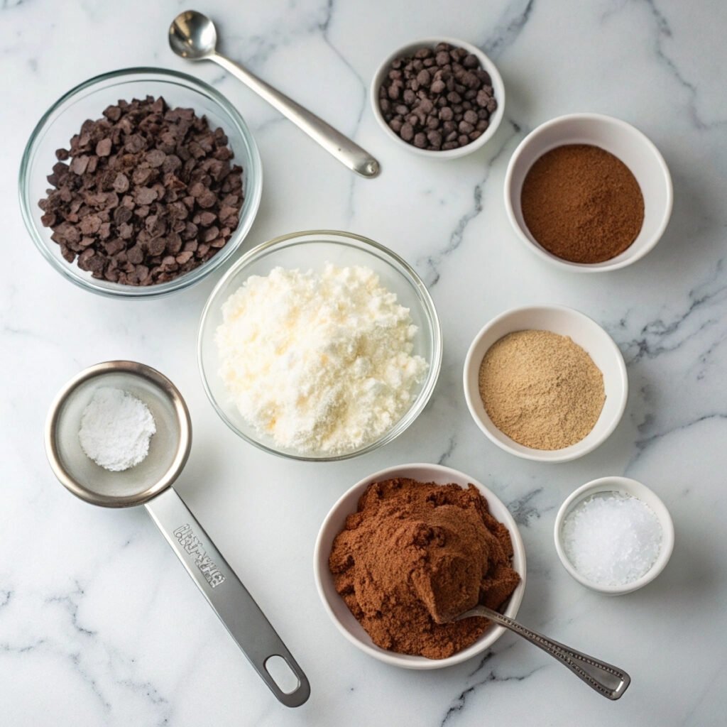 Ingredients for German Chocolate Poke Cake arranged on a modern marble surface