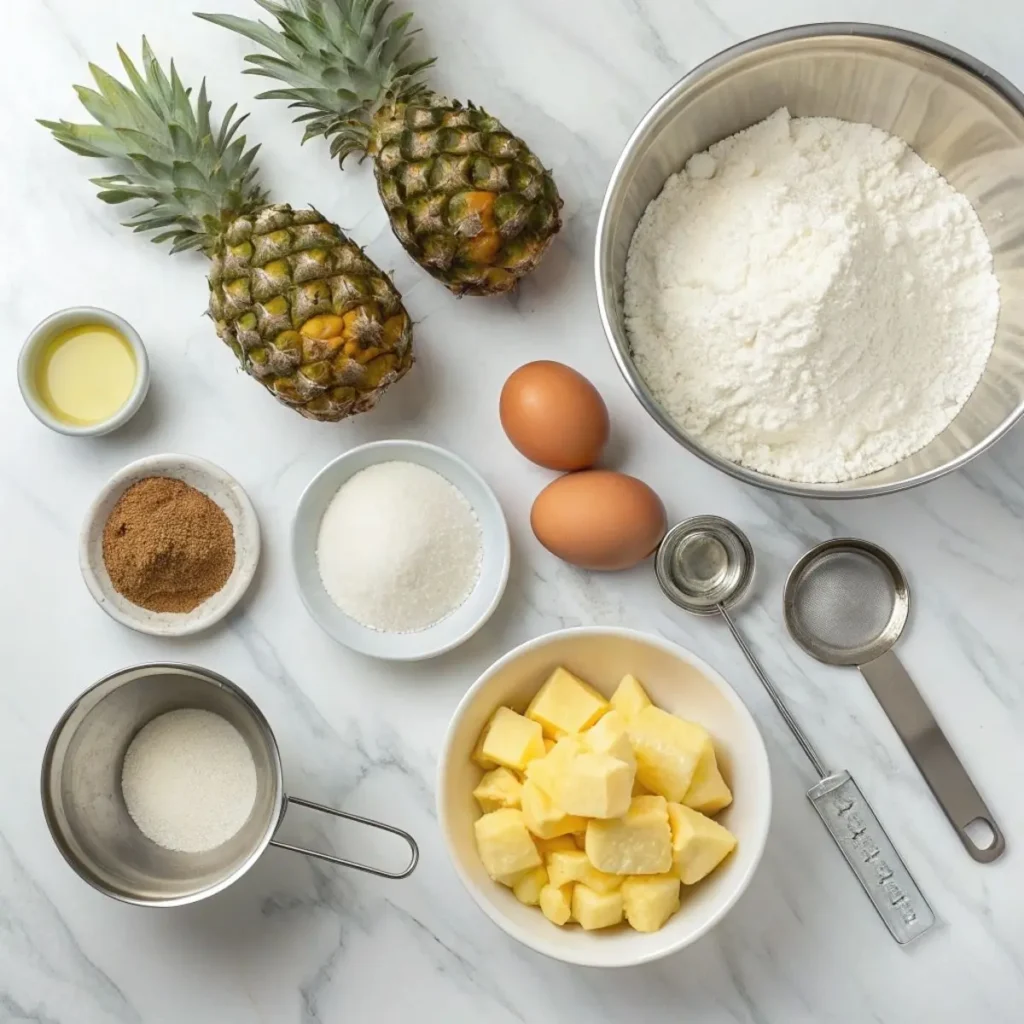 Ingredients for Pineapple Cloud Cake arranged on a modern marble surface
