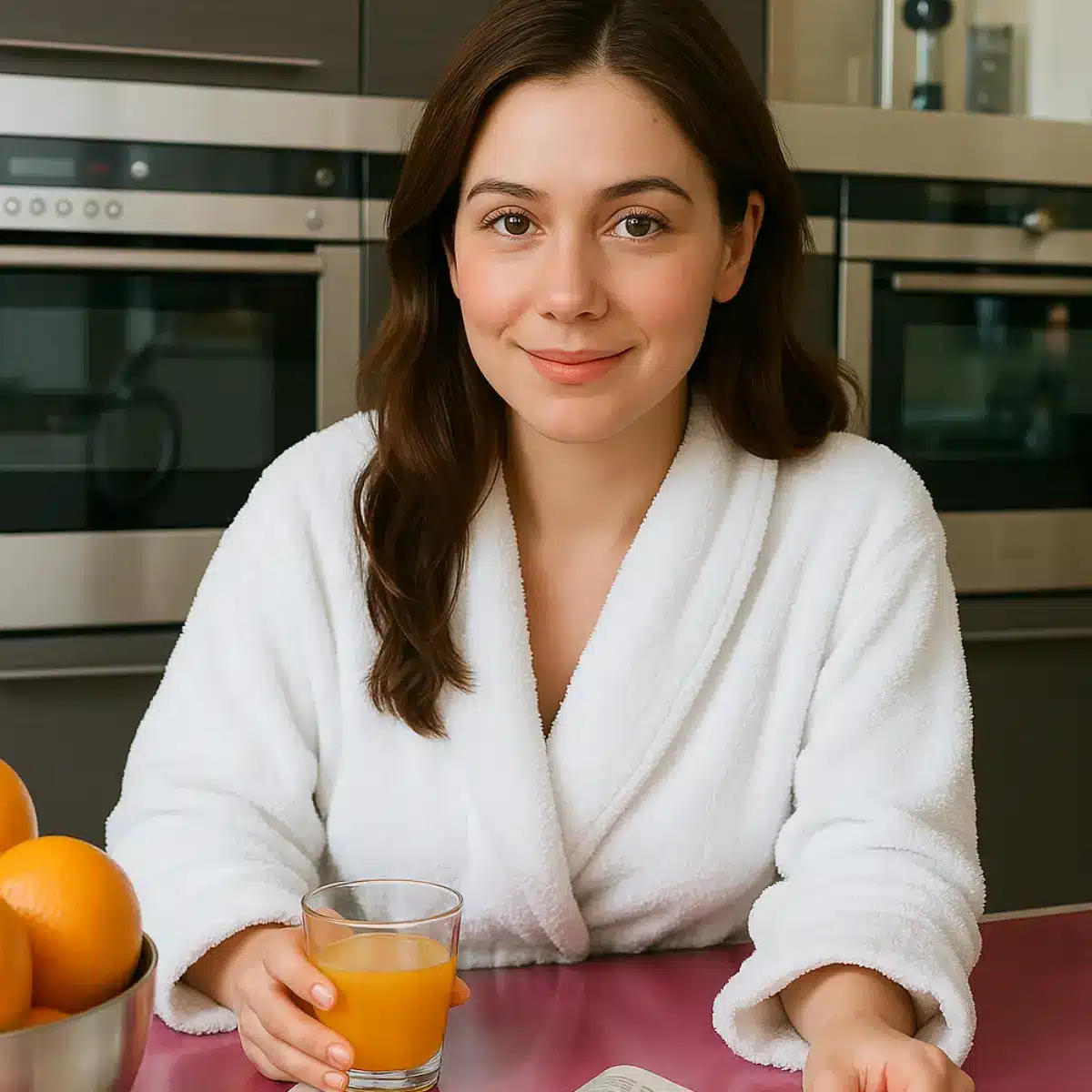 Young woman enjoying a quiet morning in the kitchen, wearing a white robe and holding a glass of fresh orange juice.