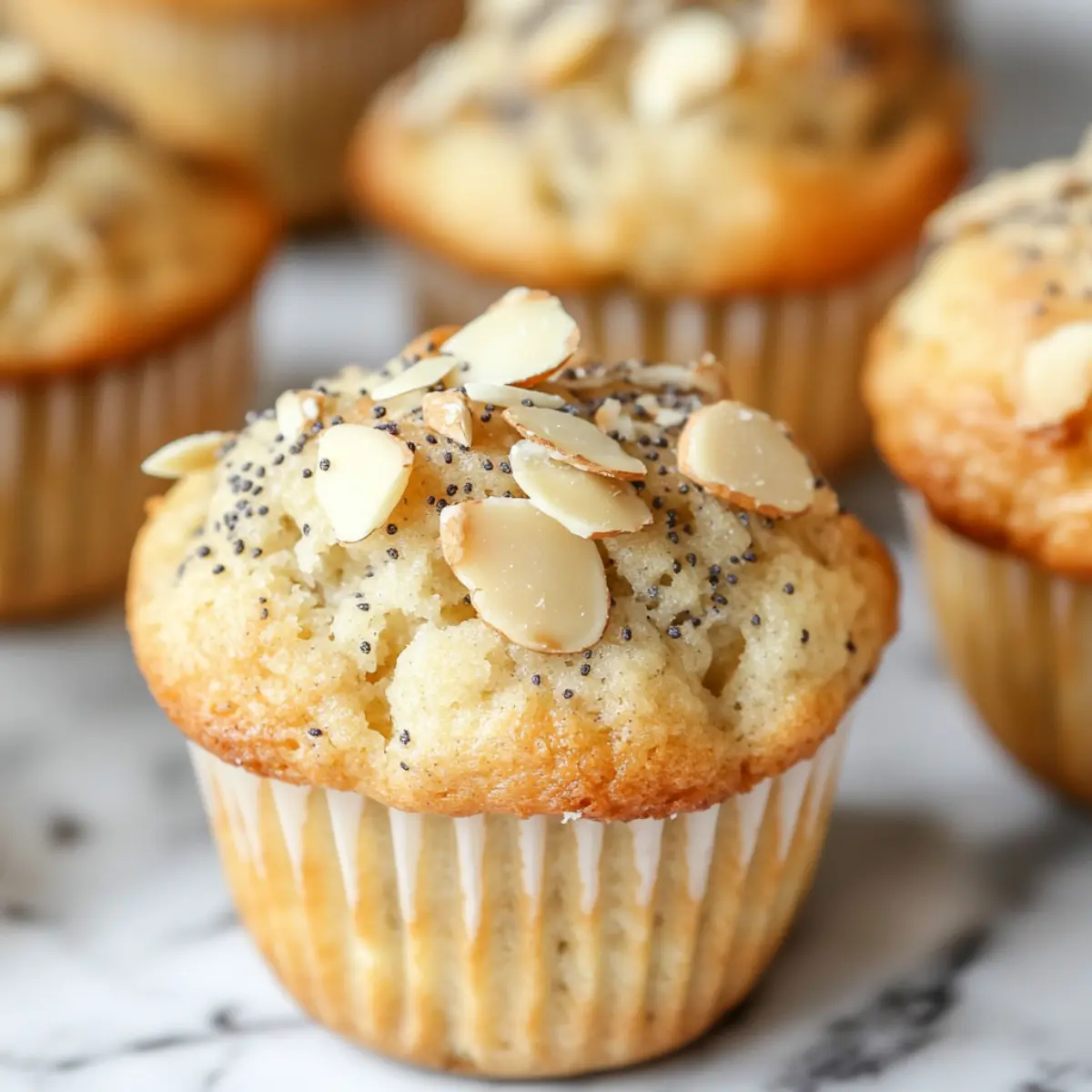Close-up of the final Easy Almond Poppy Seed Muffins, showcasing golden domes and almond topping on a modern marble countertop