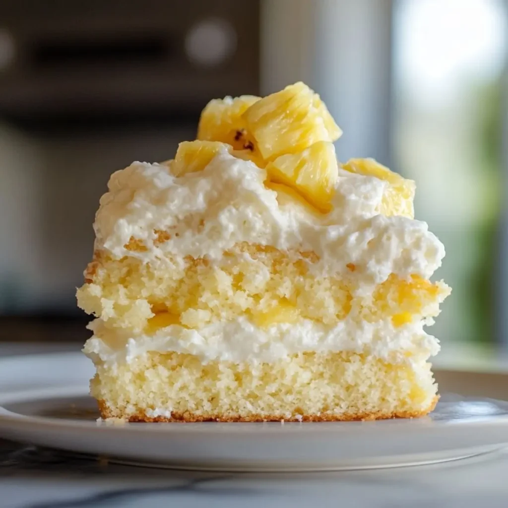 Close-up of the final Pineapple Cloud Cake, showcasing its fluffy texture and pineapple frosting on a modern marble countertop