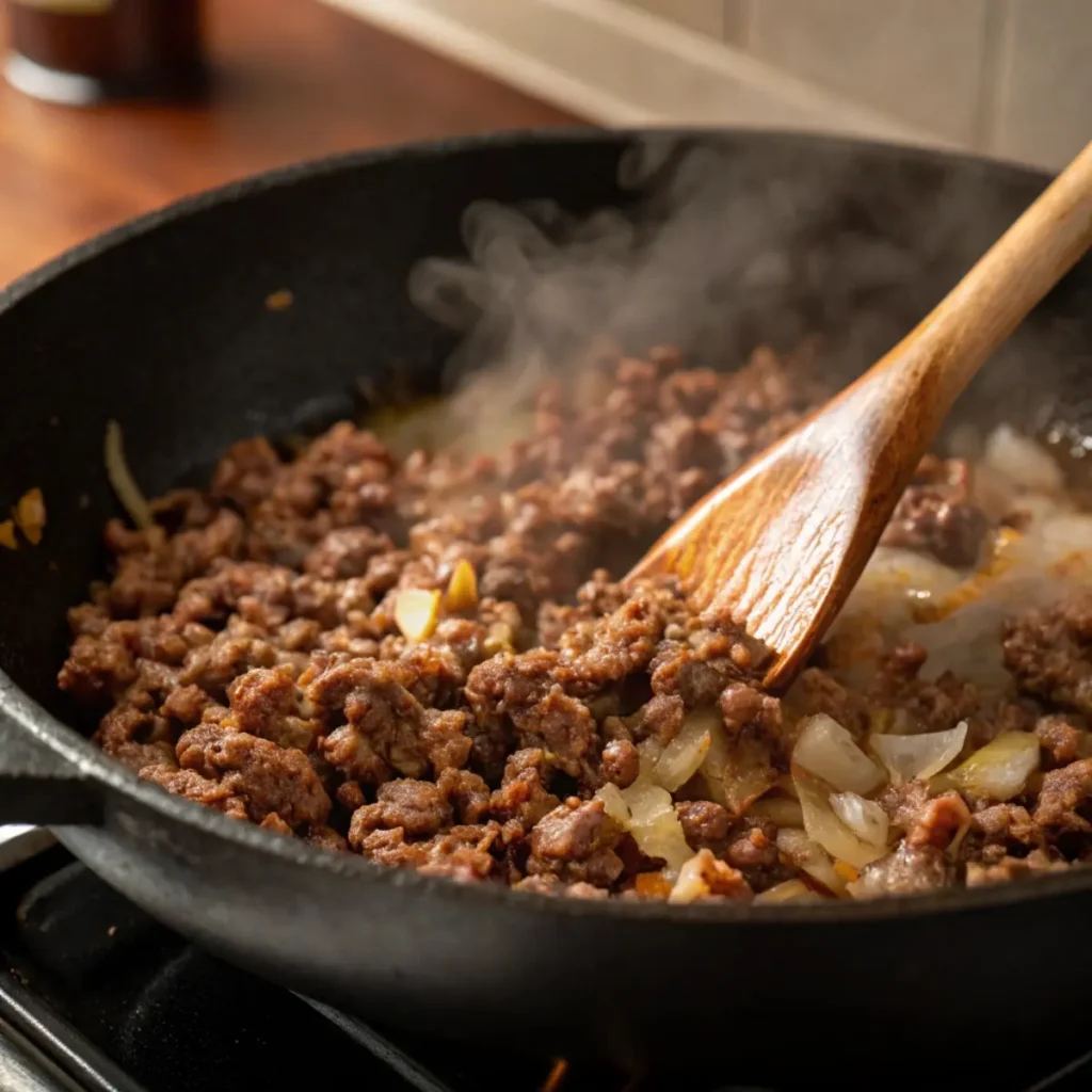 Browning ground beef and onions for Emily’s Excellent Taco Casserole in a modern skillet