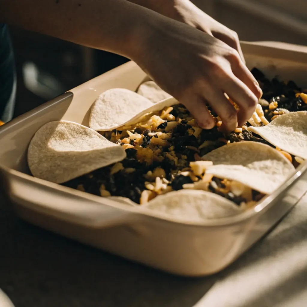 Layering tortillas, meat, and cheese for Emily’s Excellent Taco Casserole