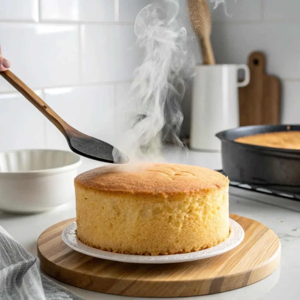 Poking holes into baked vanilla cake for White Chocolate Raspberry Poke Cake