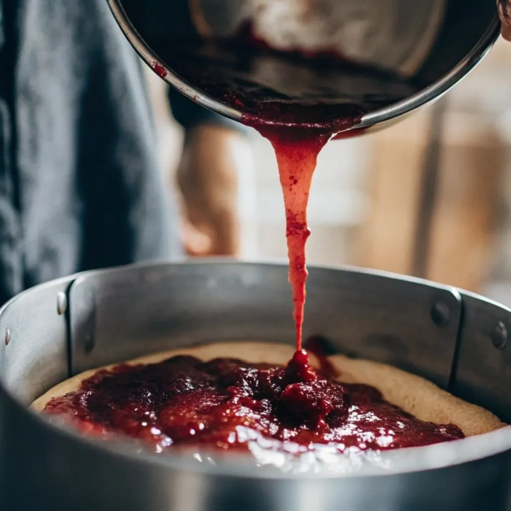 Pouring raspberry filling over poked vanilla cake for White Chocolate Raspberry Poke Cake