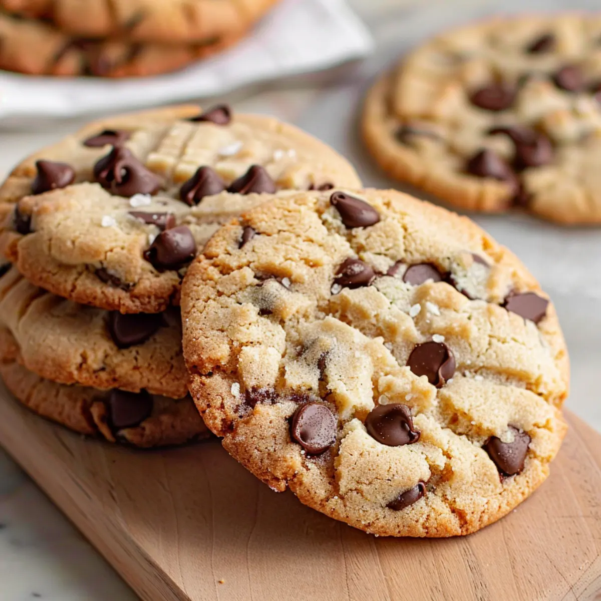 Close-up of chocolate chip cookies without brown sugar showing crisp golden edges and soft centers with melty chocolate chips on a wooden serving board.