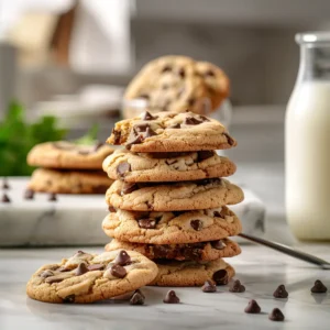 Chocolate chip cookies without brown sugar on a modern marble countertop, showcasing their golden crisp edges and soft centers with melty chocolate chips.