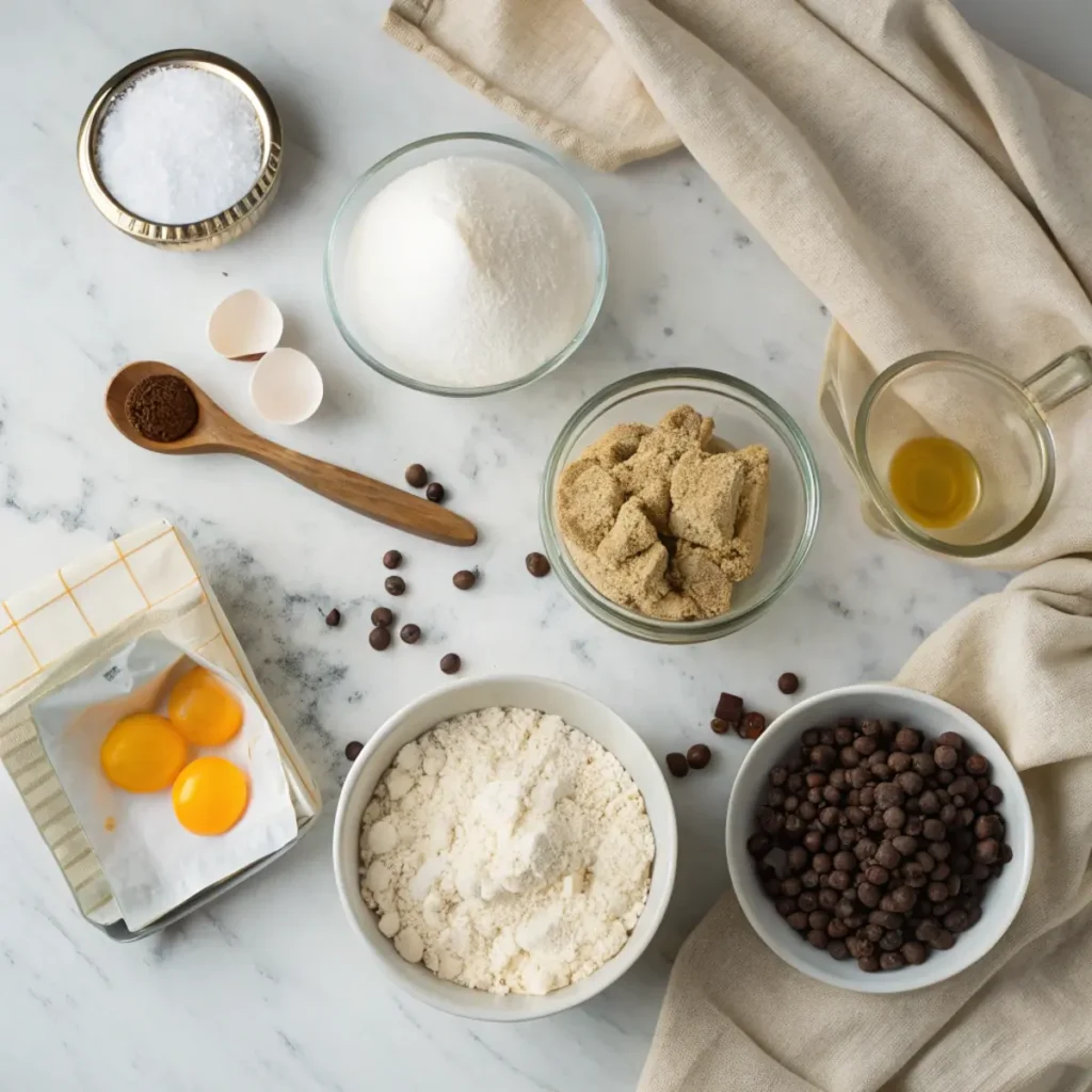 Fresh ingredients for chocolate chip cookies without brown sugar including white sugar, flour, eggs and vanilla arranged on a modern marble surface.