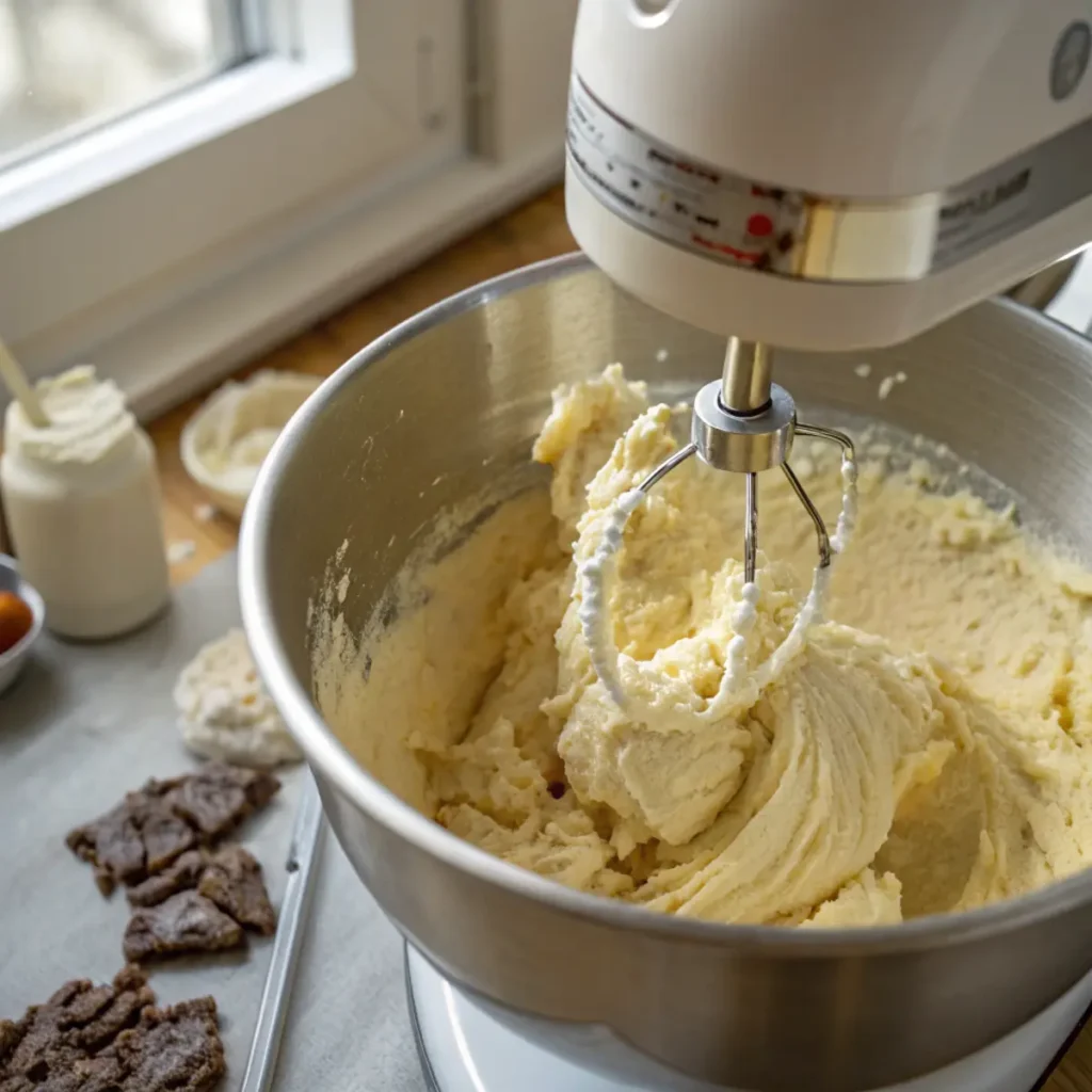 Creaming butter and white sugar for chocolate chip cookies - step 1 showing fluffy, light mixture with electric mixer in modern kitchen.