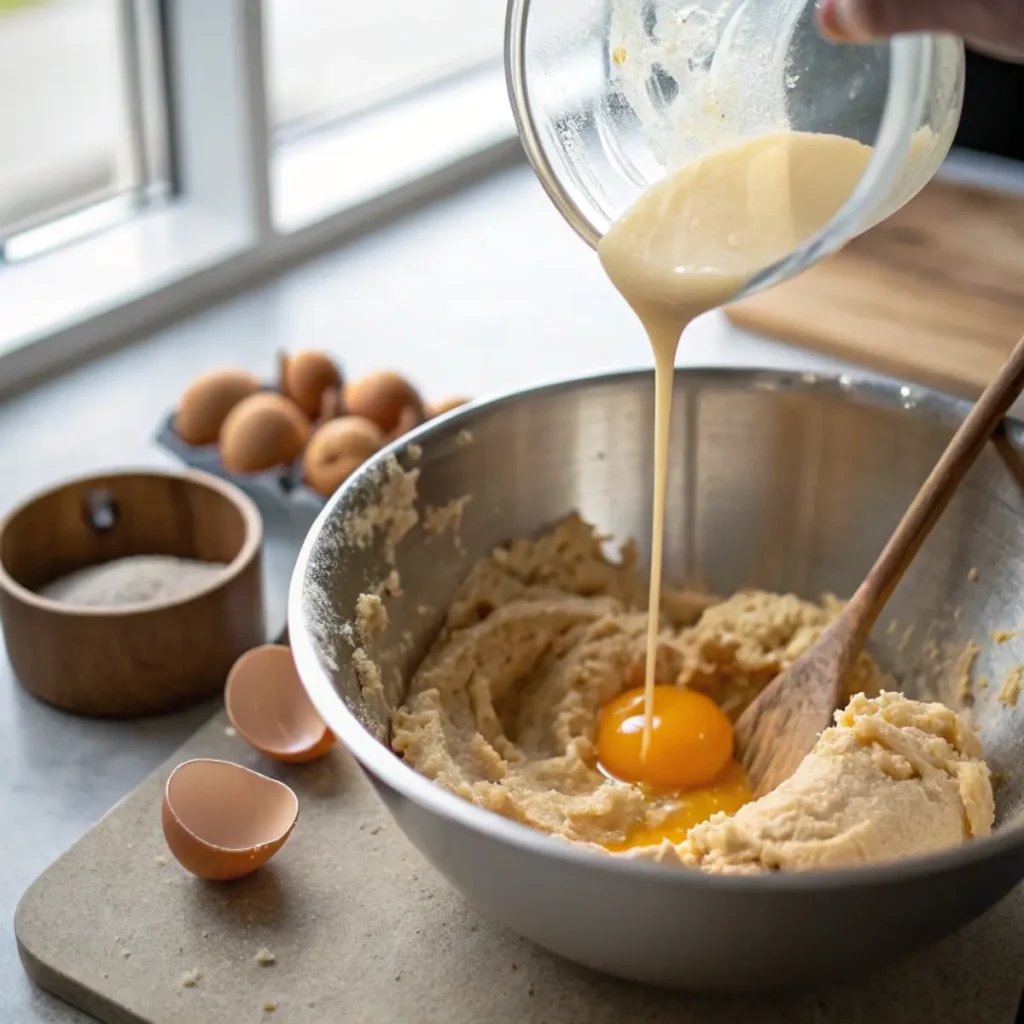Adding eggs and vanilla to chocolate chip cookie dough - step 2 showing golden vanilla extract being poured into butter-sugar mixture.