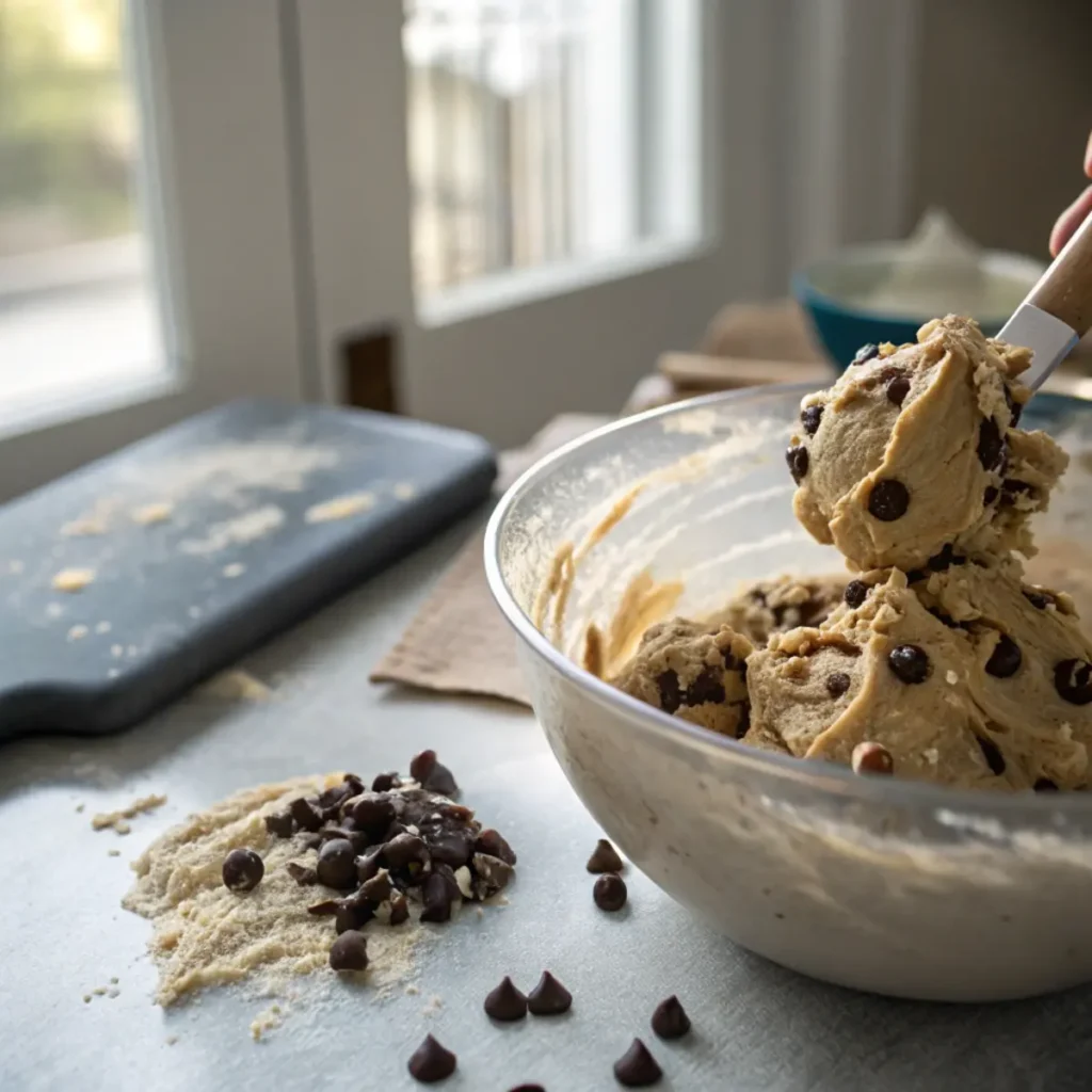 Folding chocolate chips into cookie dough - step 3 showing glossy semi-sweet morsels being incorporated into pale golden batter.