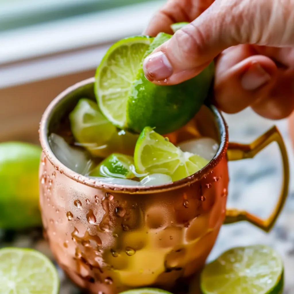 Squeezing lime for Kentucky Mule - step 3 showing fresh citrus juice being added directly to bourbon and ice mixture in copper mug.