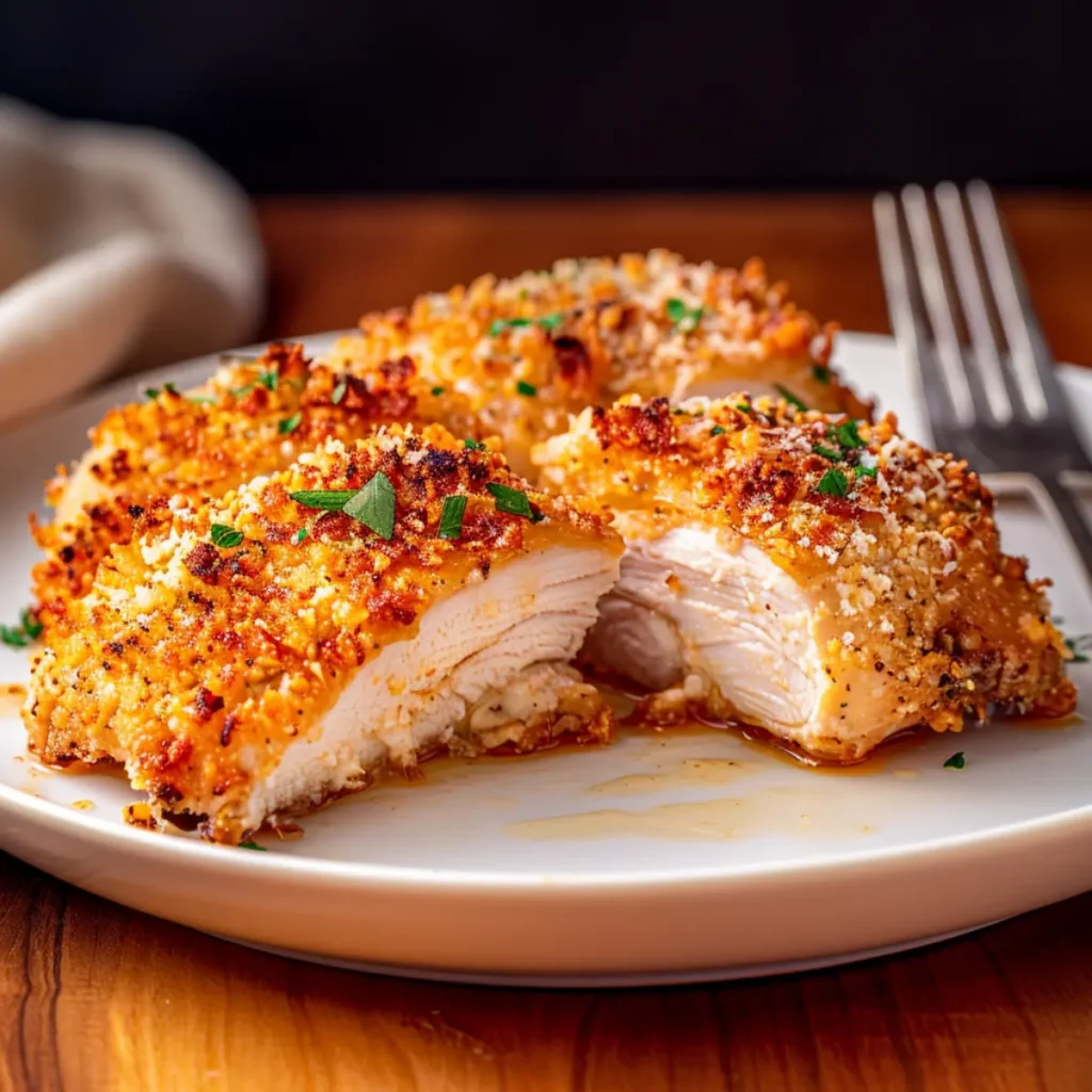 Close-up of Longhorn Parmesan Crusted Chicken showing golden-brown crust texture and juicy interior, garnished with fresh parsley on a white ceramic plate