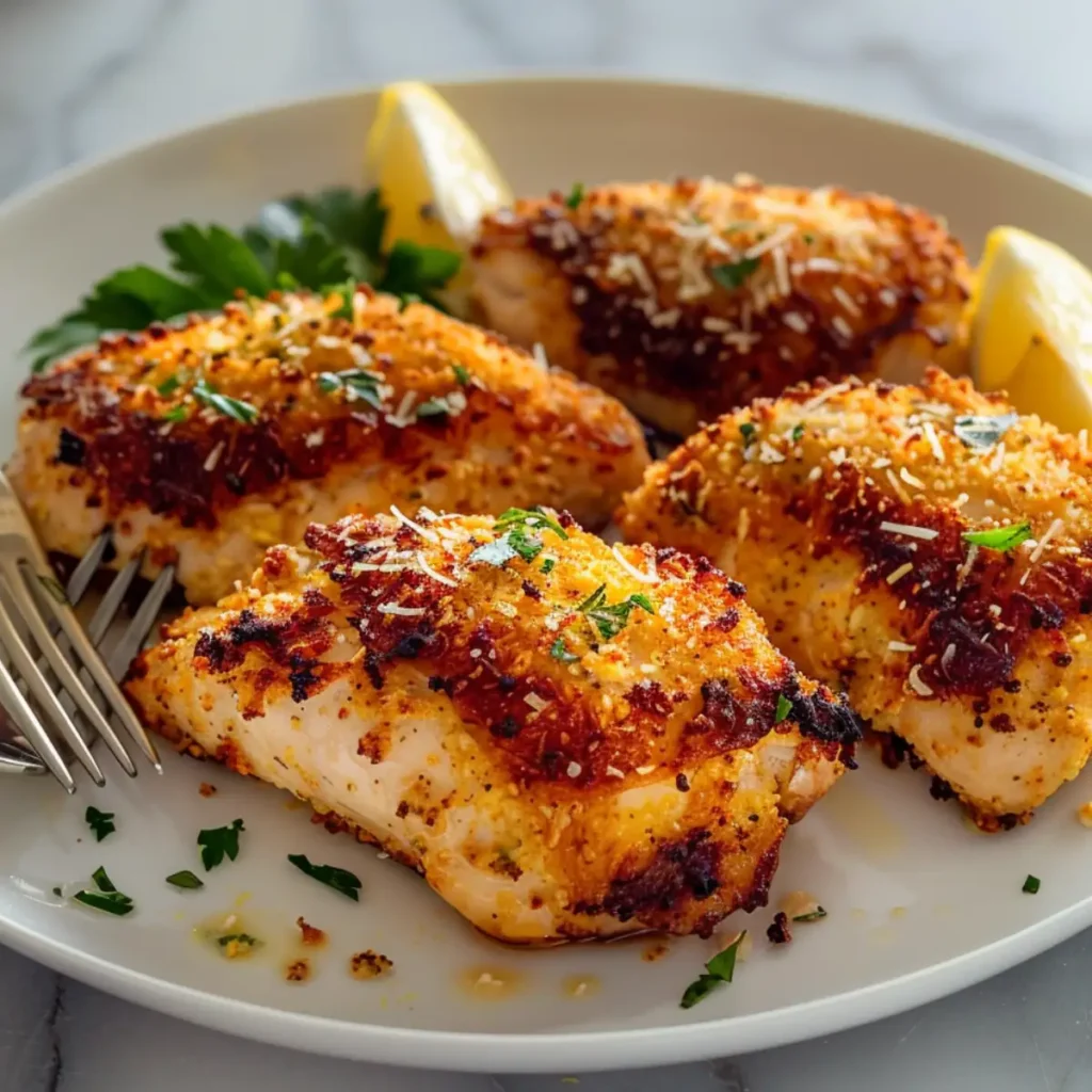 Longhorn Parmesan Crusted Chicken recipe on a modern marble countertop, showcasing its golden crispy crust with melted provolone and tender chicken beneath.