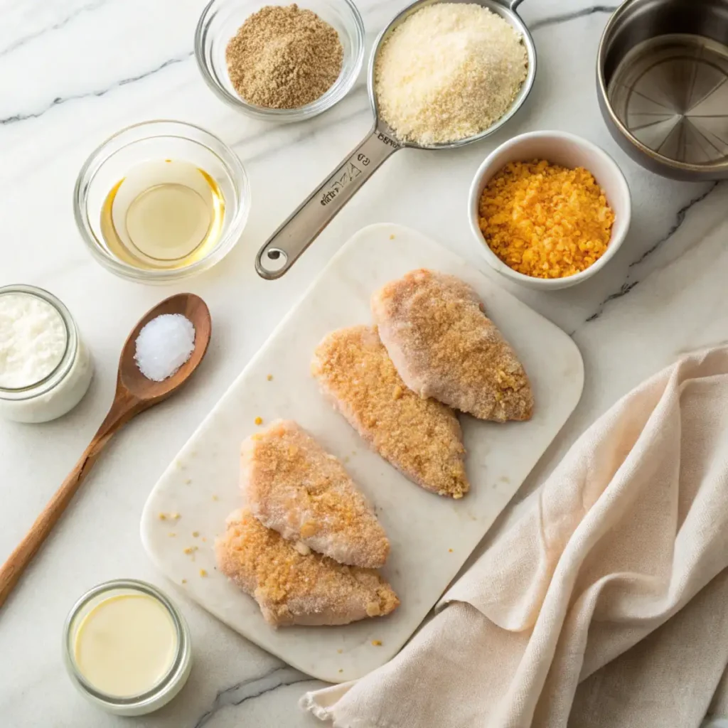 Fresh ingredients for Longhorn Parmesan Crusted Chicken including chicken breasts, parmesan cheese, ranch dressing and mayo arranged on a modern marble surface.
