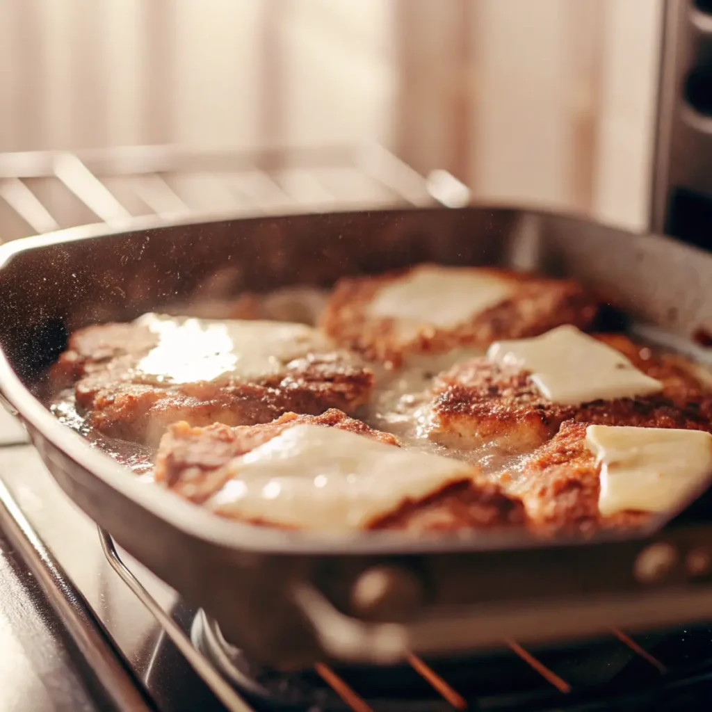 Baking Longhorn Parmesan Crusted Chicken - step 10-11 showing cheese beginning to bubble and brown in cast iron skillet inside oven