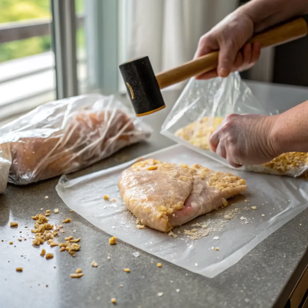 Pounding chicken breasts for Longhorn Parmesan Crusted Chicken - step 2 showing flattening technique with meat mallet and plastic wrap.