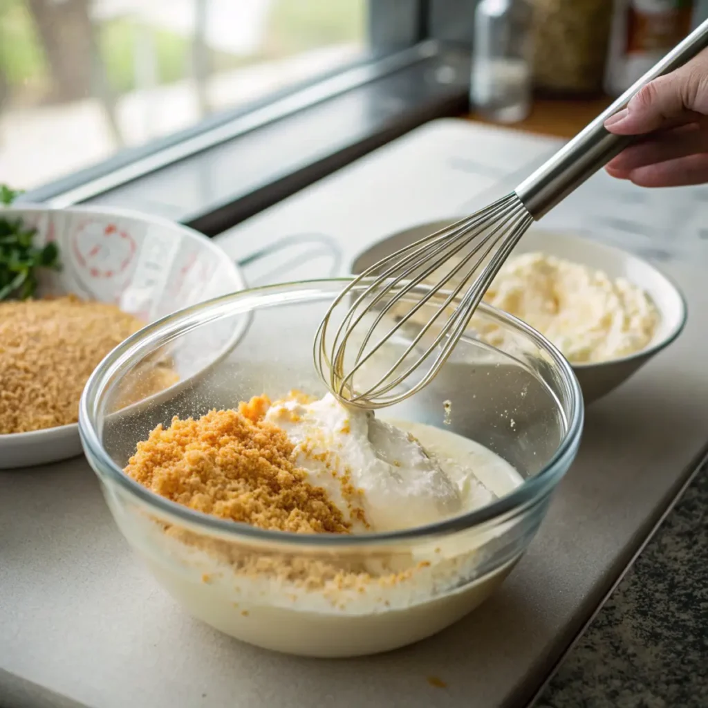 Preparing coating mixtures for Longhorn Parmesan Crusted Chicken - step 4-5 showing mayo-ranch blend and breadcrumb-cheese combination in separate bowls