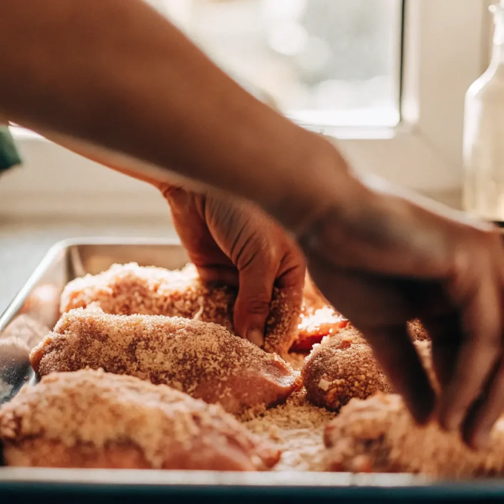 Coating chicken for Longhorn Parmesan Crusted Chicken - step 7-8 showing pressing chicken into breadcrumb mixture after mayo-ranch application