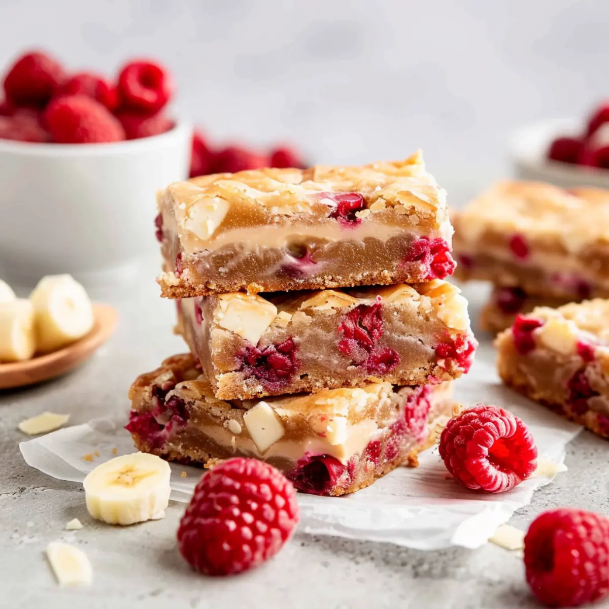 Close-up of raspberry and white chocolate blondies showing fudgy center and crackly golden top with jammy raspberry pockets and melted white chocolate on a wooden board.