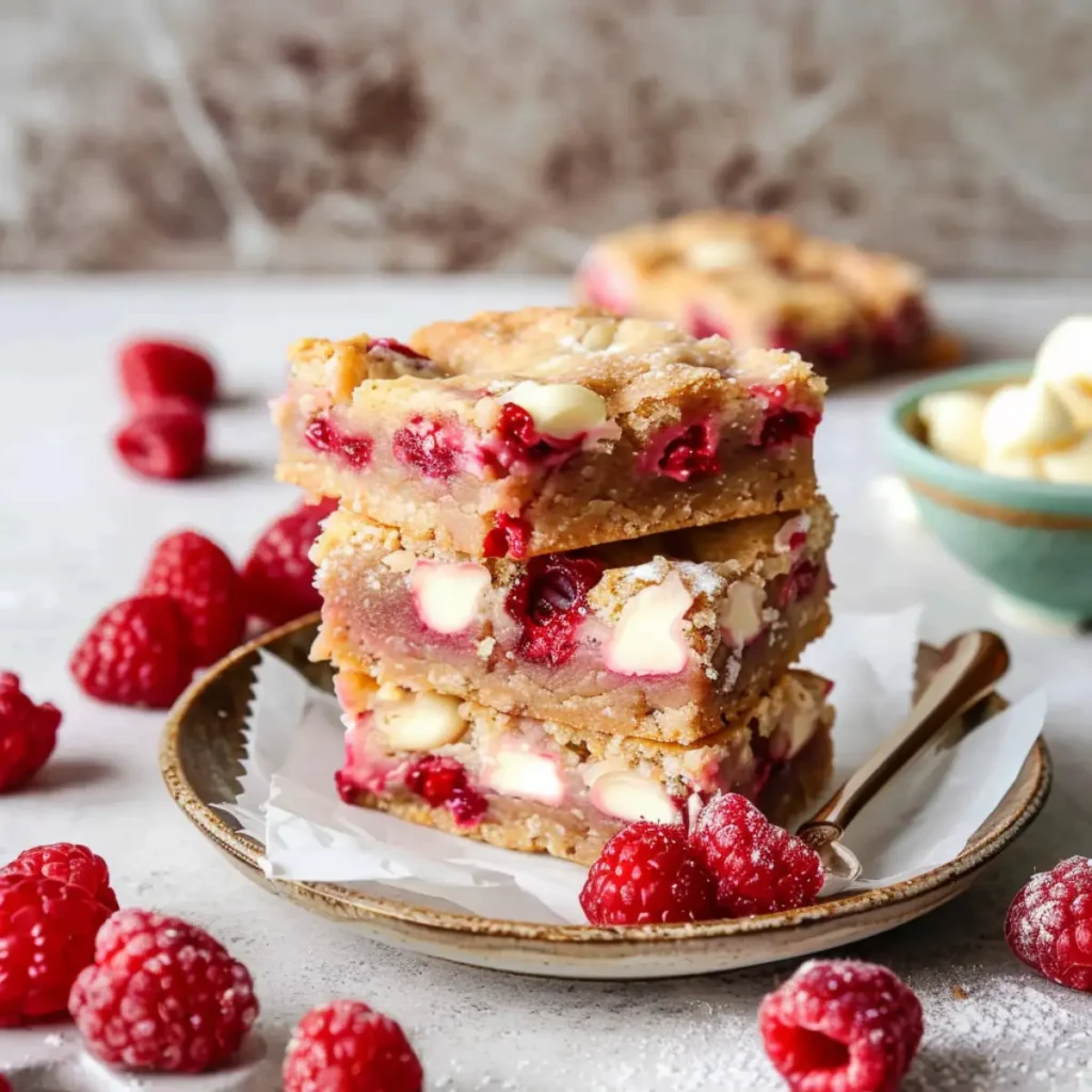 Raspberry and white chocolate blondies on a modern marble countertop, showcasing their crackly golden top and fudgy center with vibrant raspberry bursts.