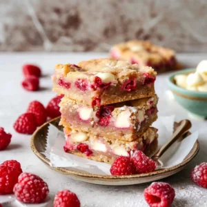 Raspberry and white chocolate blondies on a modern marble countertop, showcasing their crackly golden top and fudgy center with vibrant raspberry bursts.