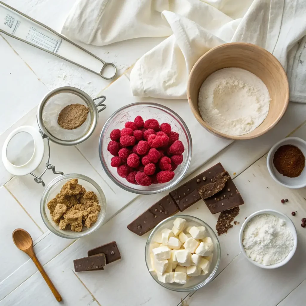 Fresh ingredients for raspberry and white chocolate blondies including brown sugar, butter, raspberries and white chocolate chunks arranged on a modern marble surface.