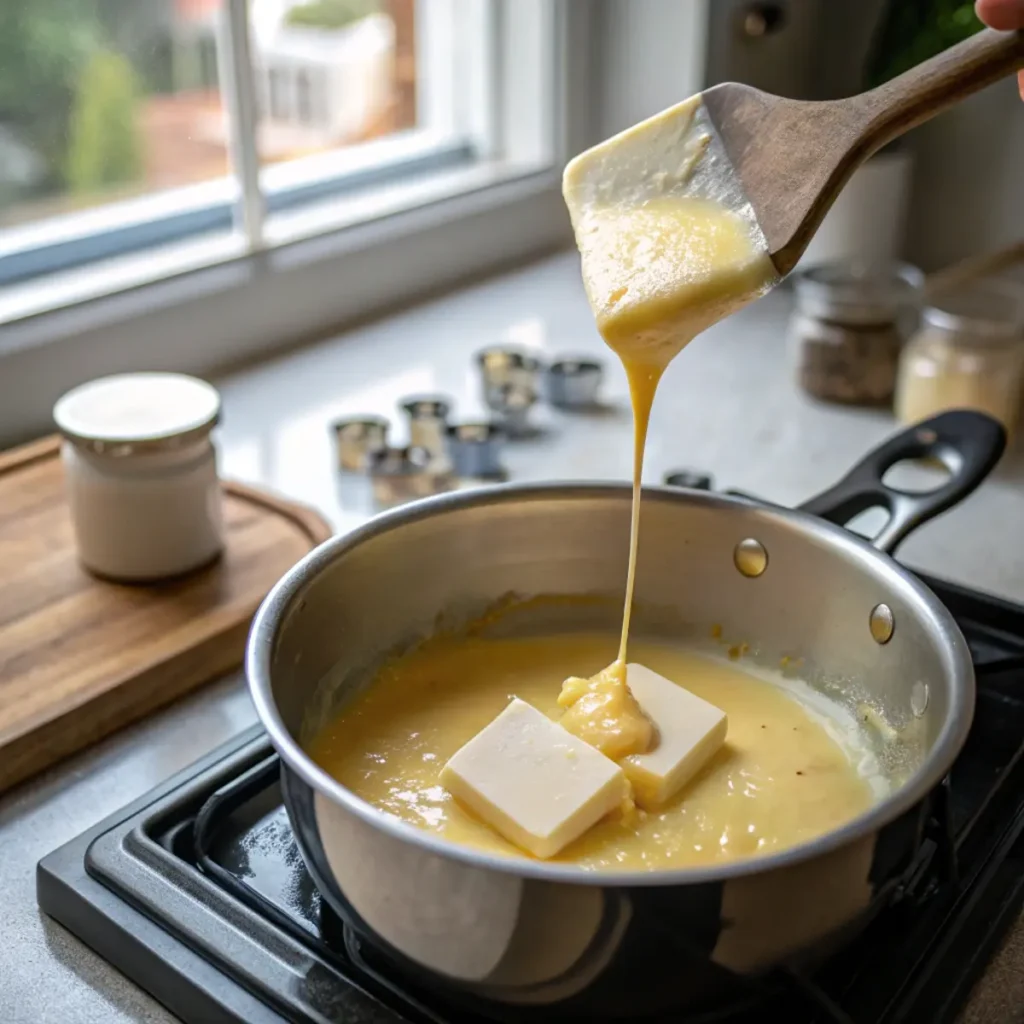 Melting butter for raspberry and white chocolate blondies - step 1 showing golden liquid butter in a saucepan with wooden spoon on stovetop.