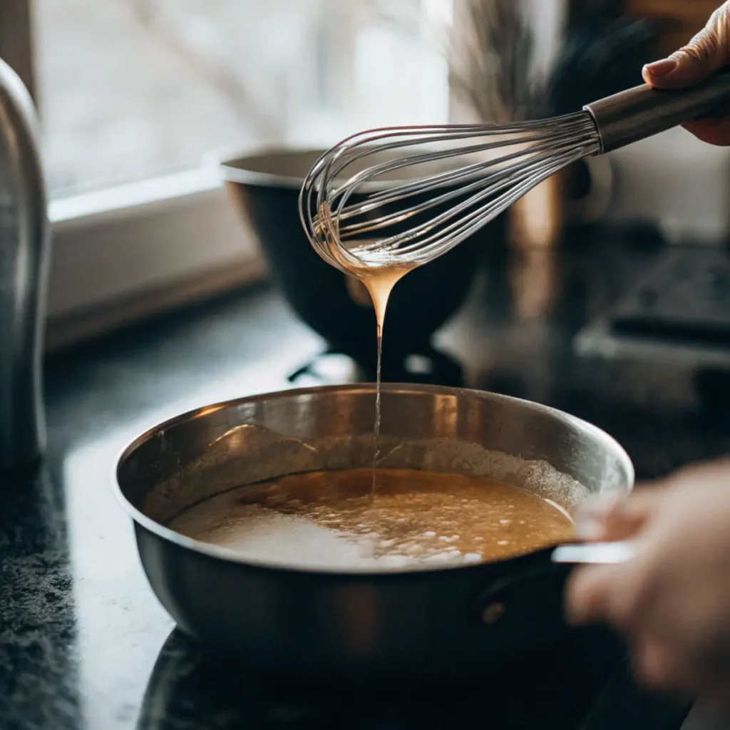 Adding sugars to melted butter for raspberry and white chocolate blondies - step 2 showing brown sugar cascading into golden butter.