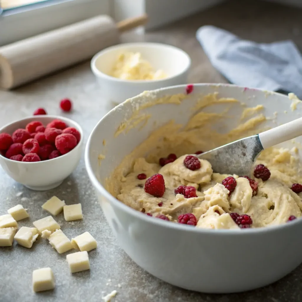 Folding white chocolate and raspberries into blondie batter - step 3 showing bright red berries and creamy chunks being gently incorporated.