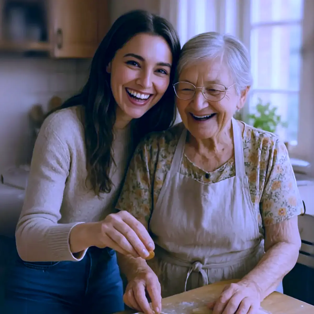 Smiling young woman cooking with her grandma in a warm kitchen, both laughing and enjoying the moment together.