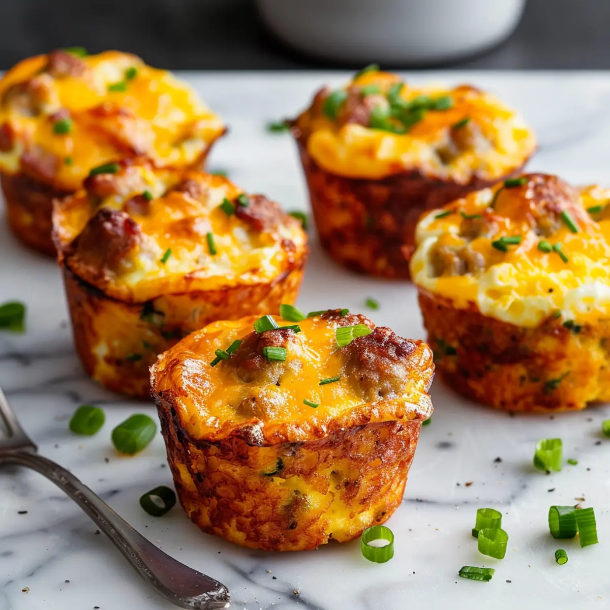 Close-up of Bisquick sausage egg and cheese muffins showing golden tops and fluffy interior with melted cheese and savory sausage bits on a wooden board.