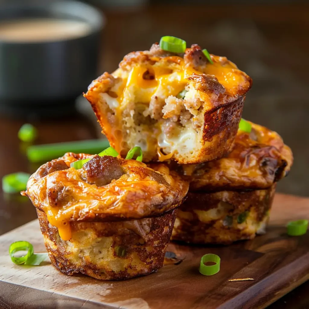 Bisquick sausage egg and cheese muffins on a modern marble countertop, showcasing their golden tops and fluffy centers with visible sausage bits.