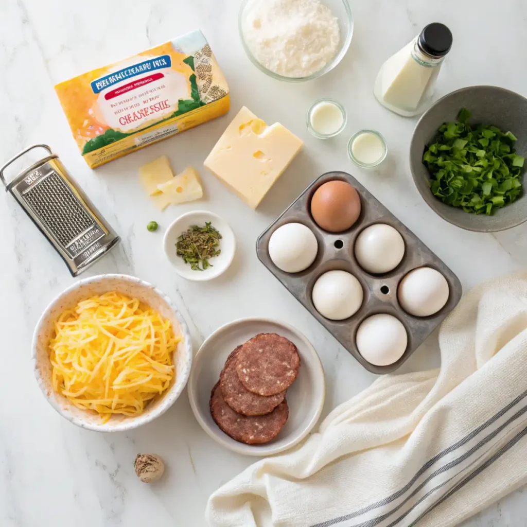 Fresh ingredients for Bisquick sausage egg and cheese muffins including Bisquick mix, Jimmy Dean sausage, sharp cheddar cheese, and eggs arranged on a marble surface.