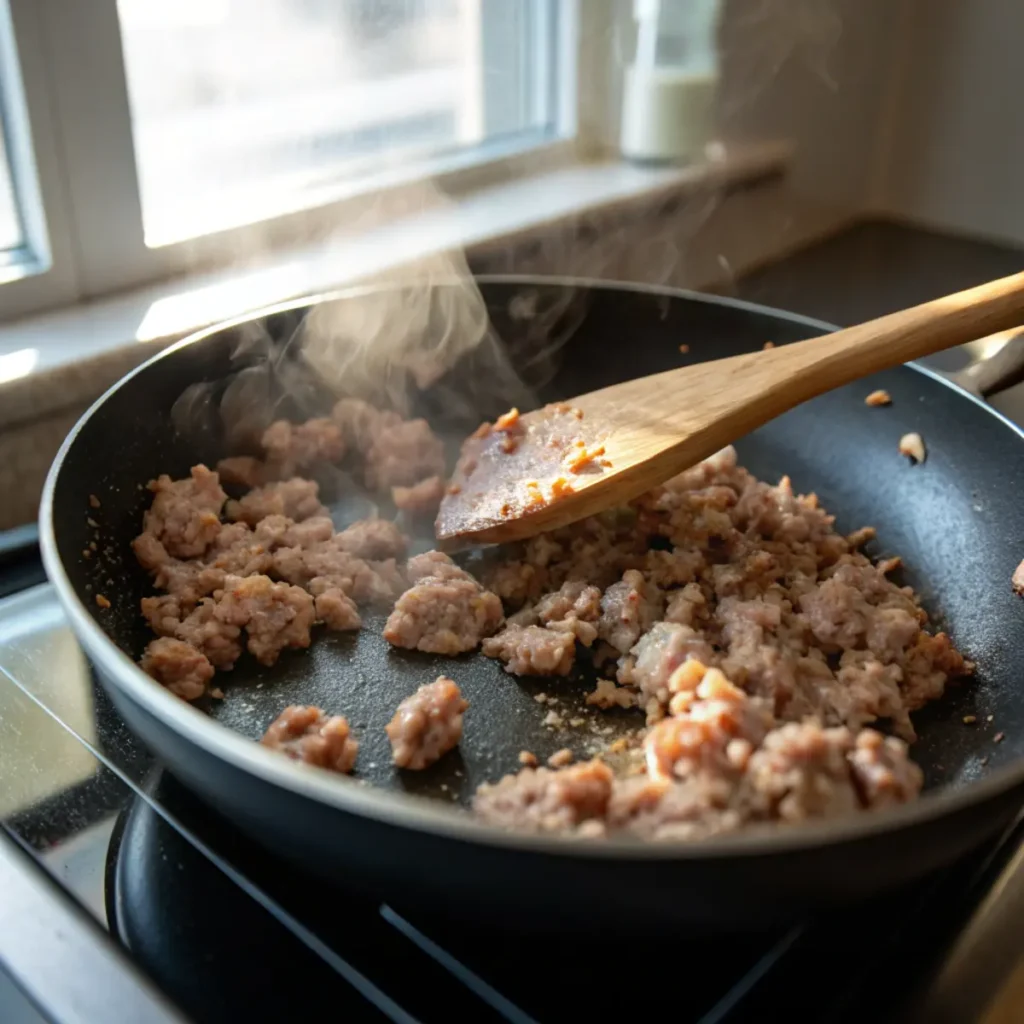 Cooking crumbled breakfast sausage for Bisquick muffins - step 1 showing sausage browning in skillet with wooden spoon breaking up the meat.