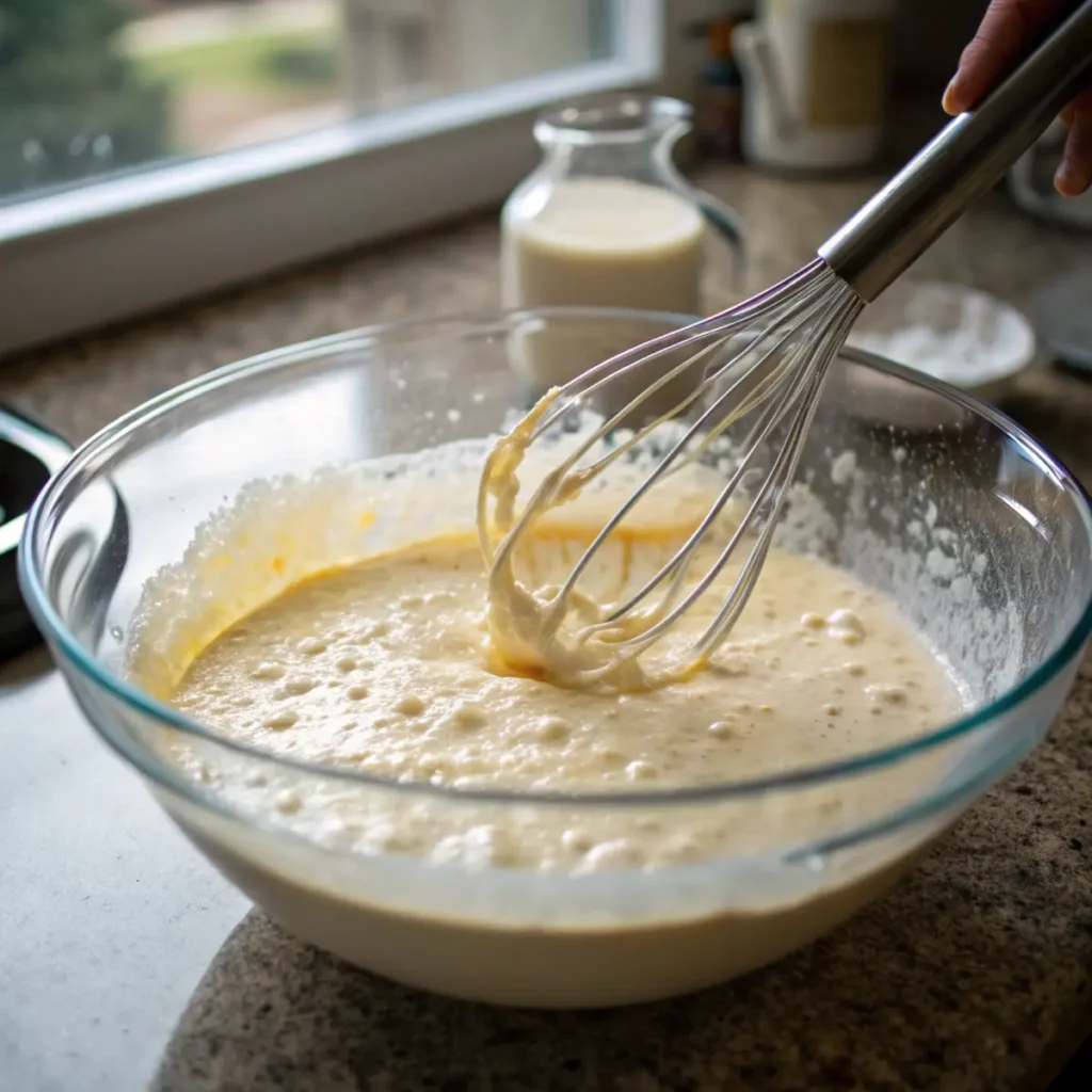 Mixing Bisquick with eggs and milk for breakfast muffins - step 2 showing whisk creating smooth batter with characteristic Bisquick texture.