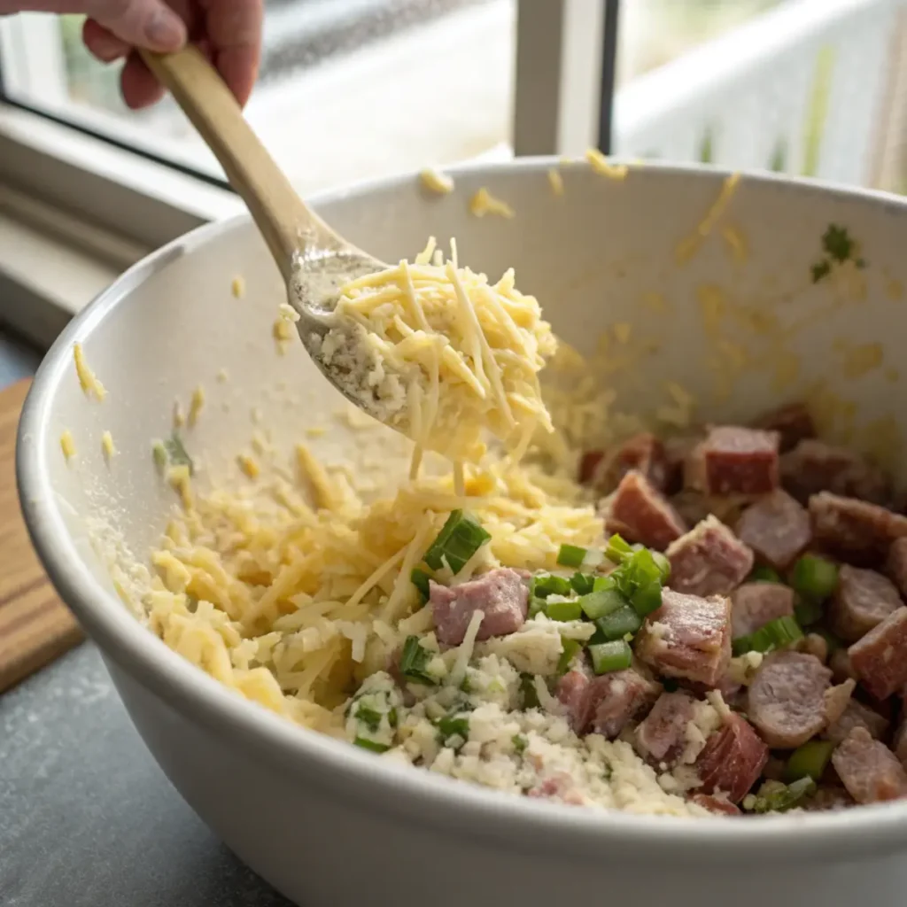 Folding sausage and cheese into Bisquick batter - step 3 showing rubber spatula incorporating savory ingredients into breakfast muffin mixture.