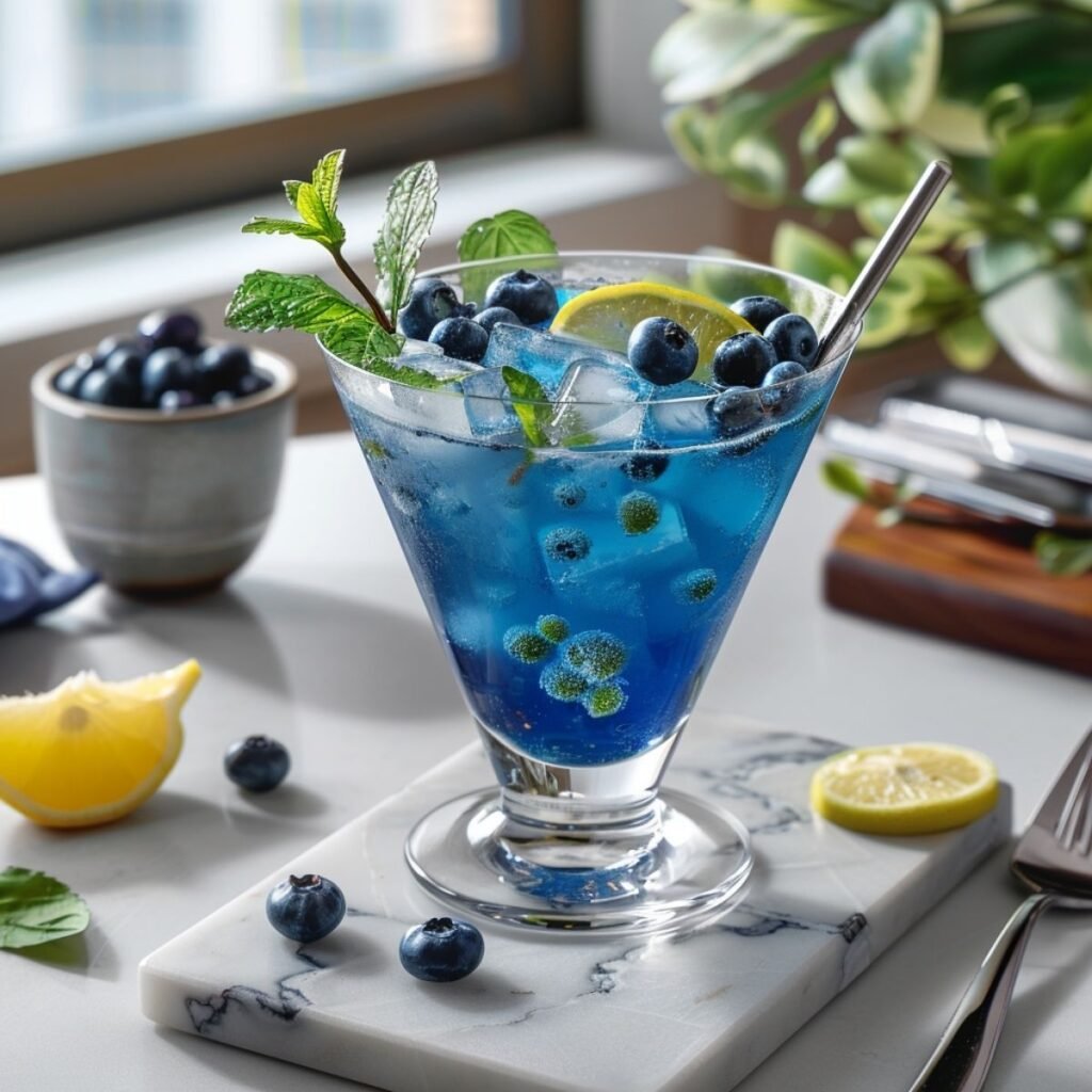 Close-up of Blue Mocktail showing vibrant sapphire color and floating blueberries, garnished with lemon wheel on white marble surface.