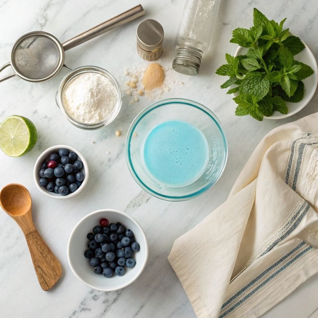 Fresh ingredients for Blue Mocktail including blue curaçao syrup, lemon juice, and lemon-lime soda arranged on a modern marble surface.