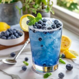 Blue Mocktail on a modern marble countertop, showcasing its vibrant sapphire color with blueberries and a lemon wedge.