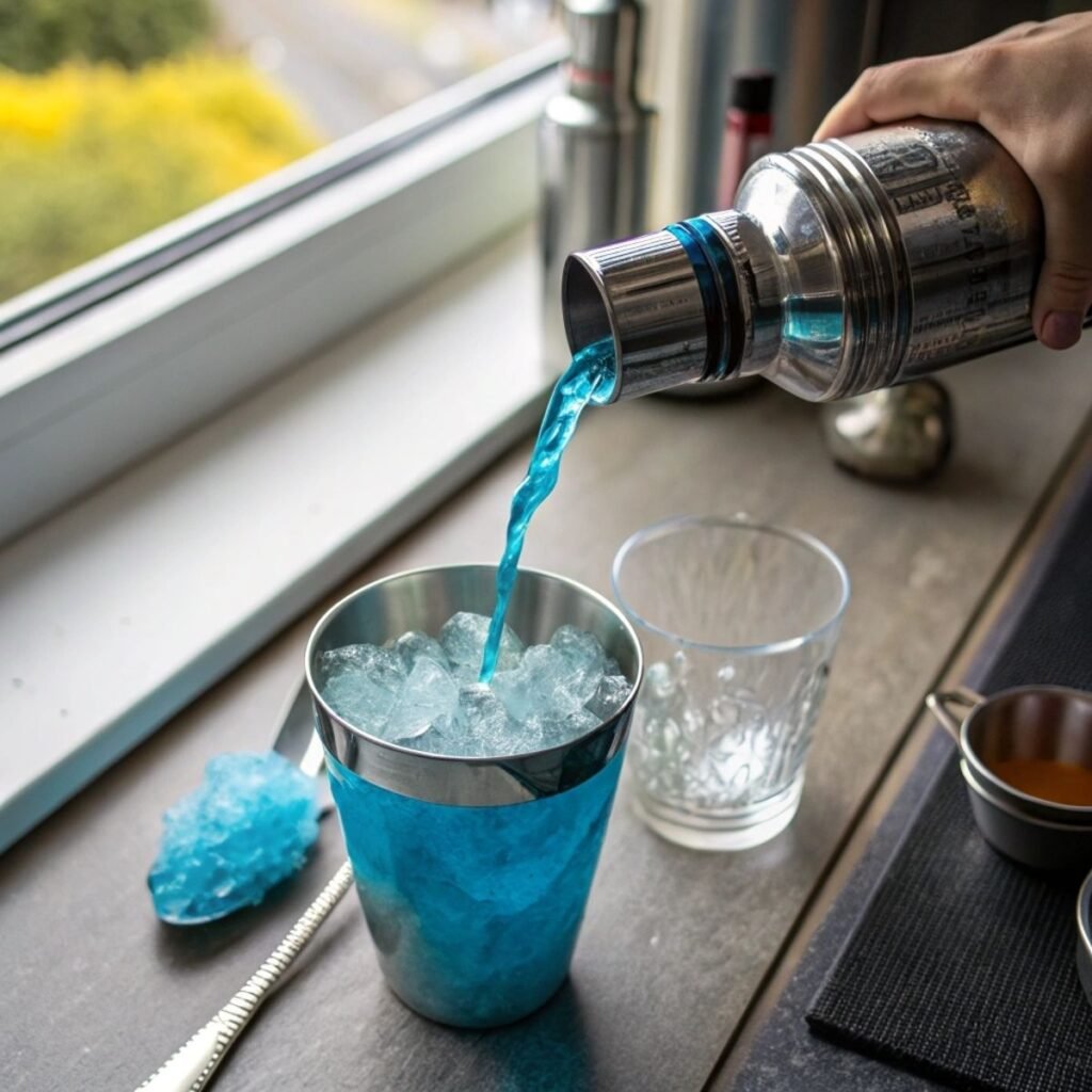 Pouring blue curaçao syrup into a cocktail shaker for Blue Mocktail - step 1 showing vibrant blue liquid over ice.