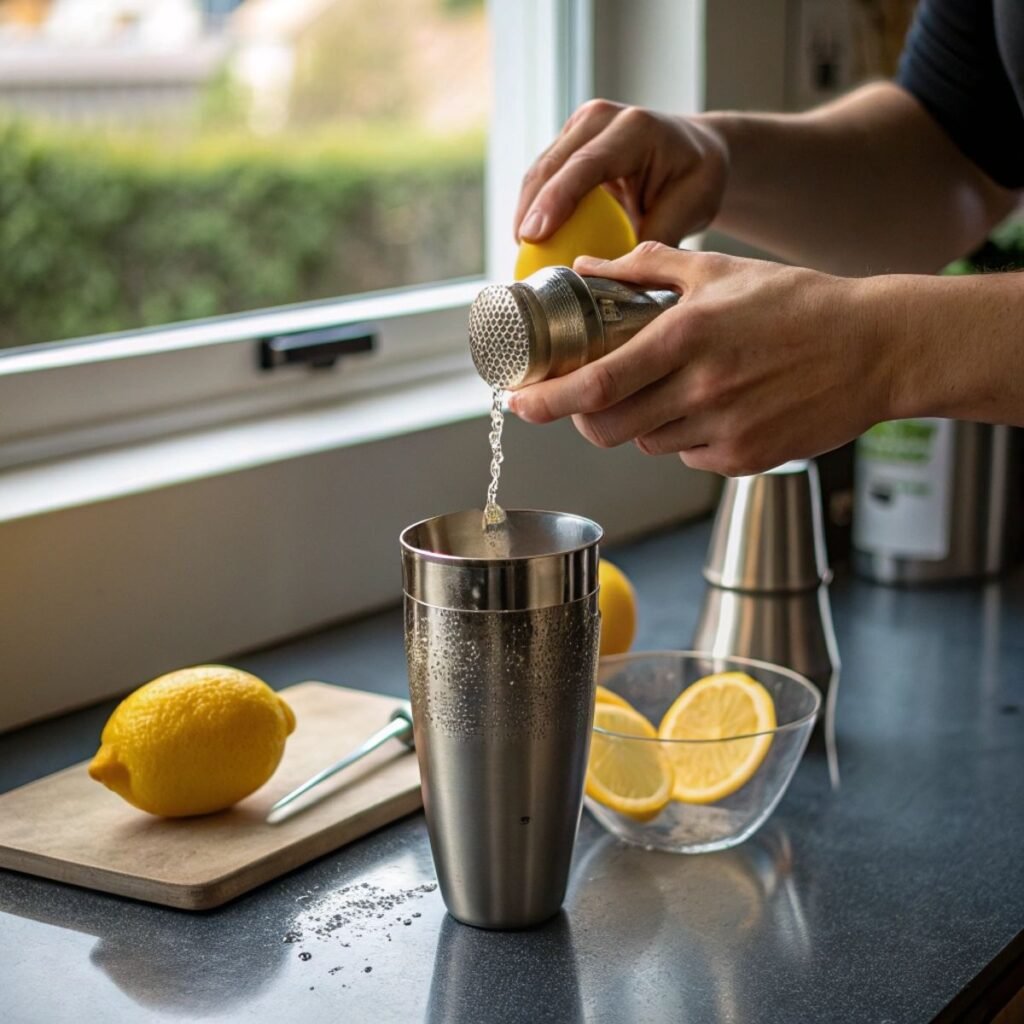 Squeezing fresh lemon juice into the cocktail shaker for Blue Mocktail - step 2 showing citrus being added.