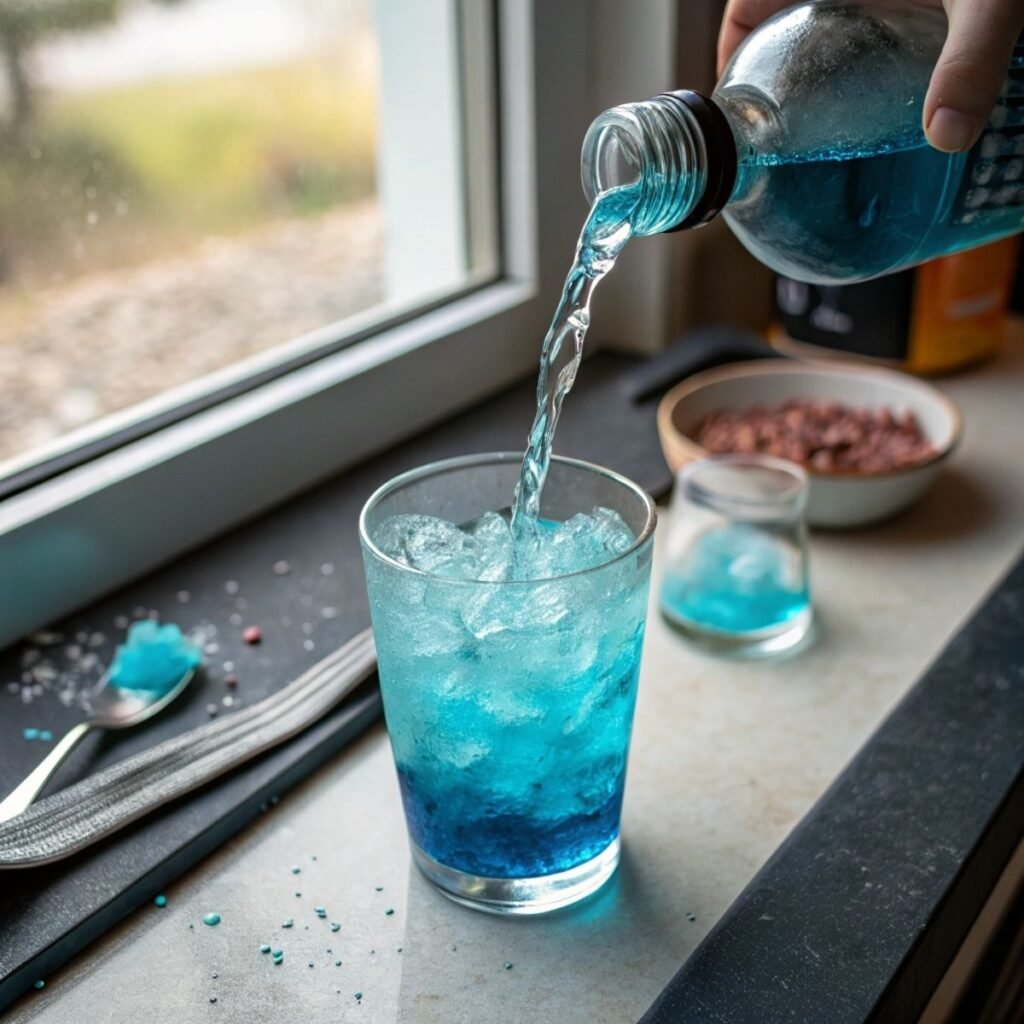 Straining the mixed Blue Mocktail into a glass filled with ice - step 4 showing vibrant blue liquid being poured.